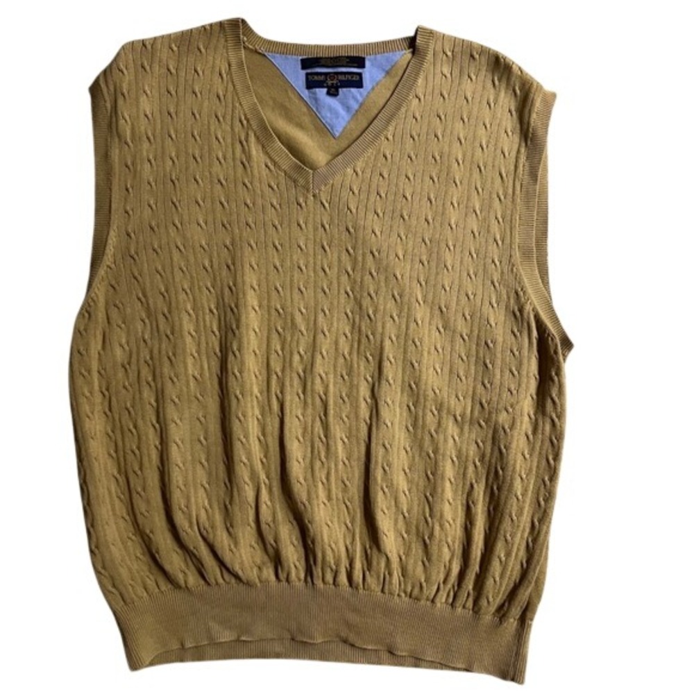Tommy Hilfiger Golf Mens XL Cable Knit Sweater Vest Mustard Tan V-Neck Cotton